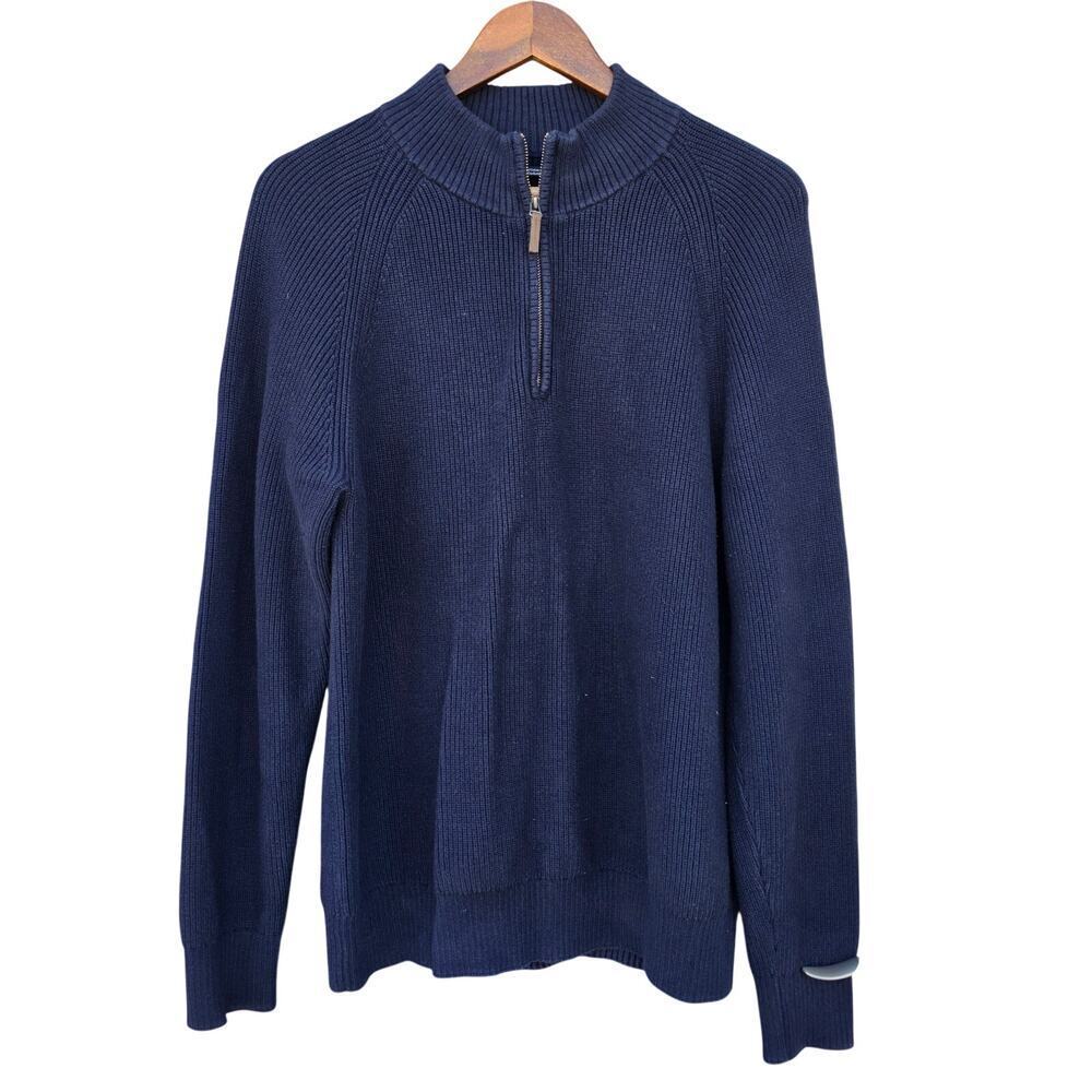 Nordstrom Men's Cotton Cashmere Ribbed Quarter Zip Sweater Navy Blue Size M